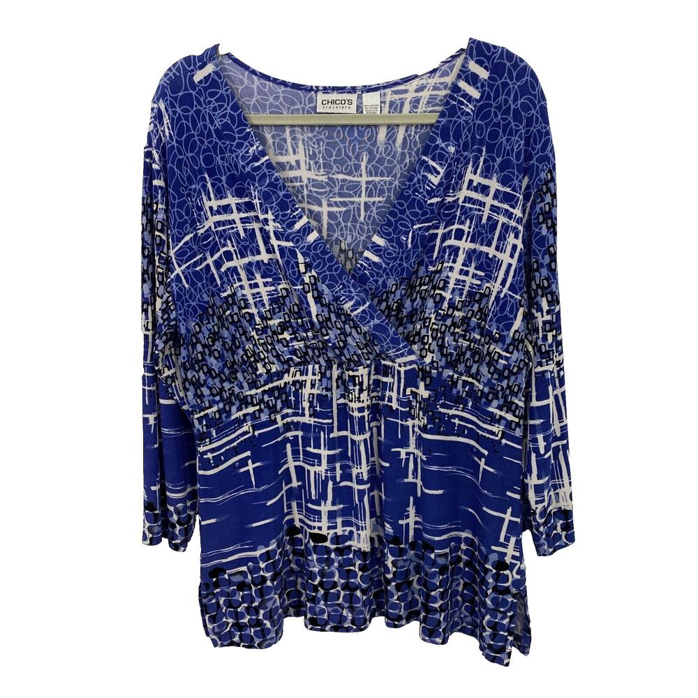 Chicos 3 Faux Wrap Top XL Blue Pattern Slinky Knit 3/4 Sleeve Travelers
